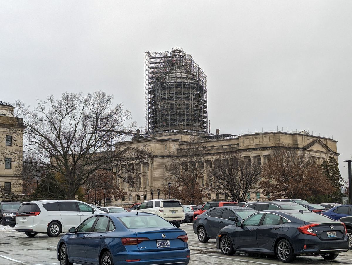 Kentucky State Capitol building in Frankfort surrounded by autumn foliage