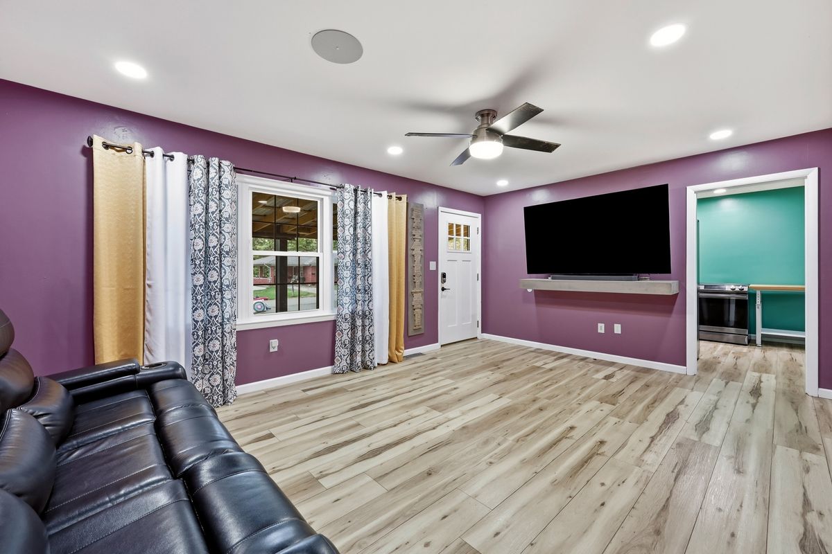 Living room with speakers and smart home features