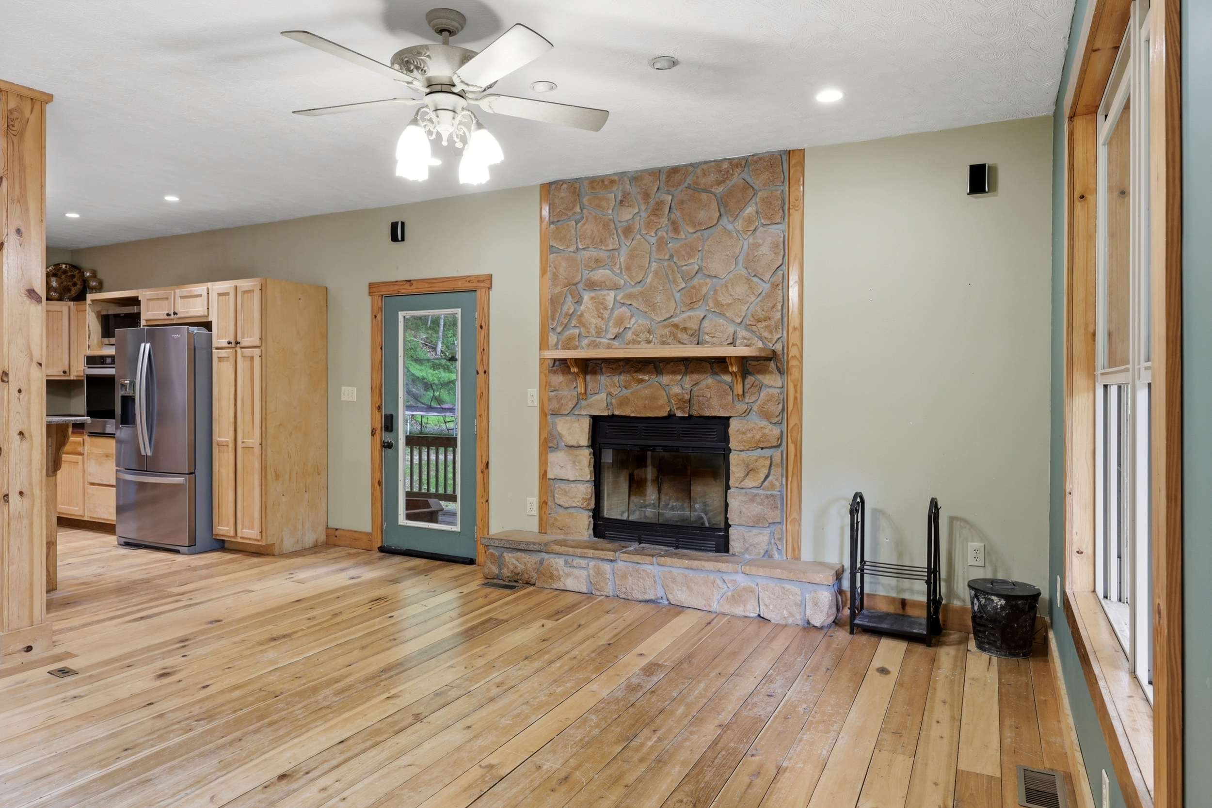 Living room and fireplace from kitchen