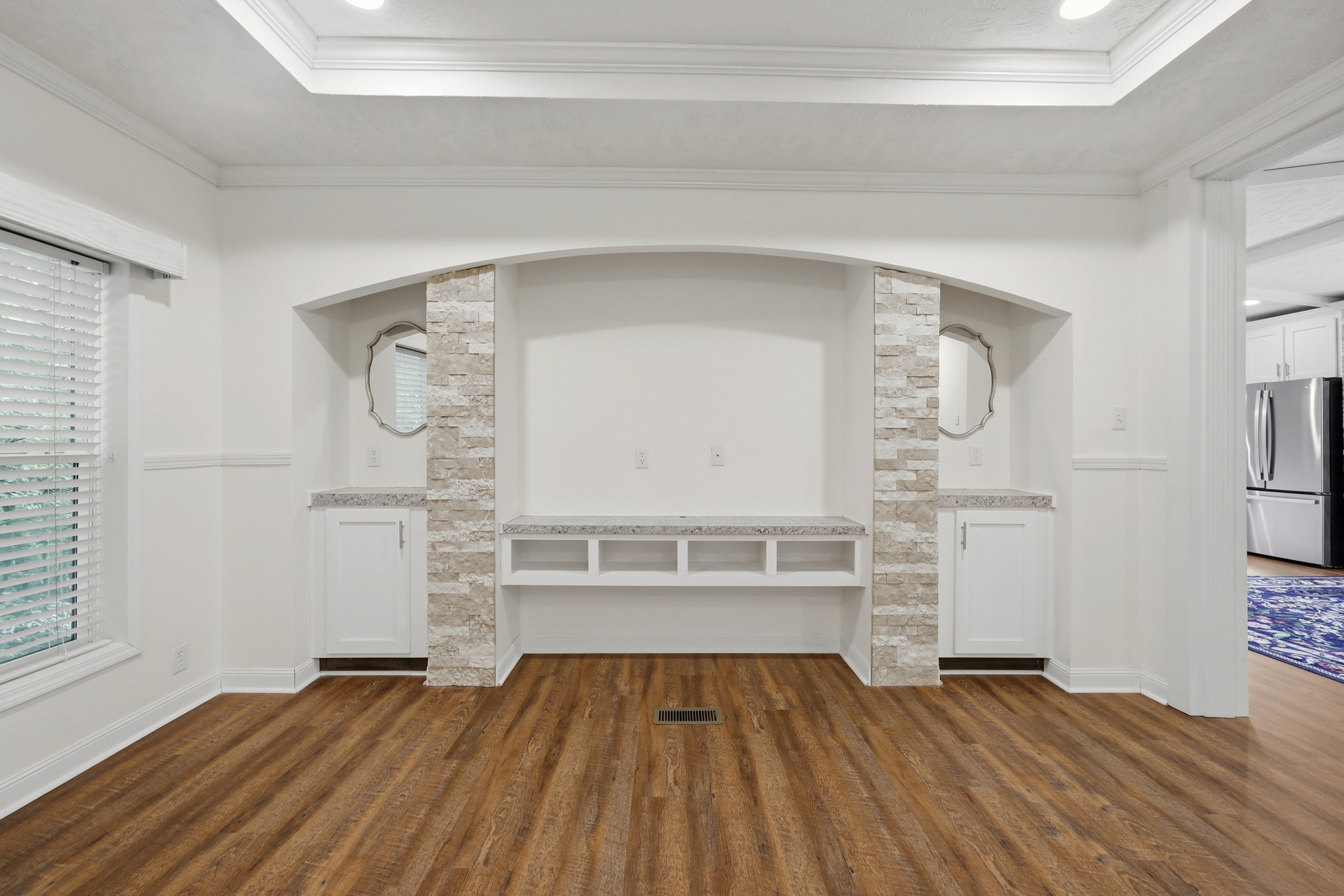 Built-in entertainment center with stone accents