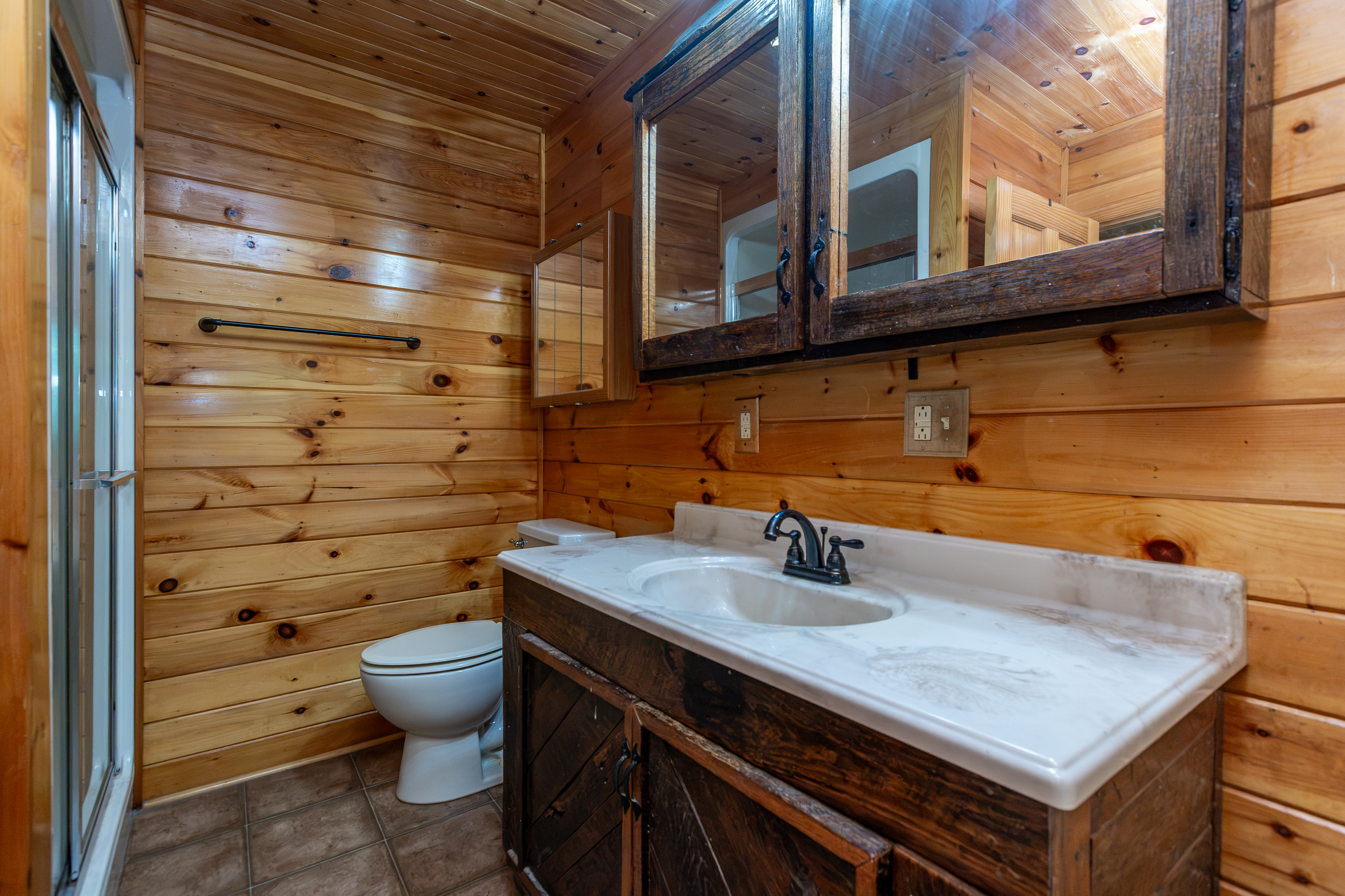 Bathroom with log walls and vanity